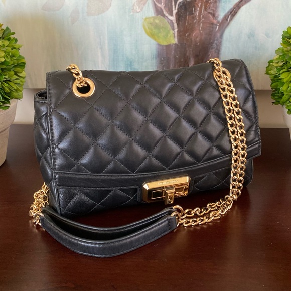 MICHAEL KORS HANNAH QUILTED🖤BLACK🖤LEATHER GOLD CHAIN SHOULDER/CROSSBODY🌟EUC🌟 - Picture 3 of 17